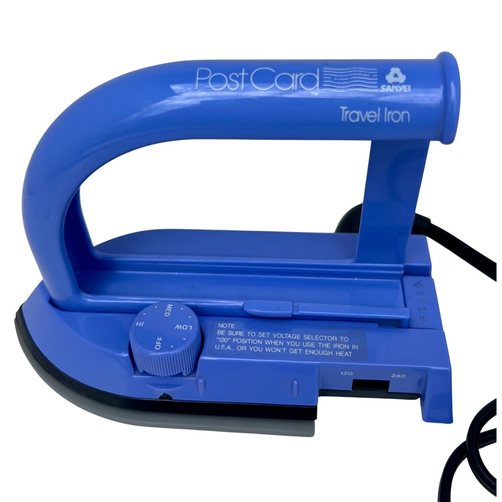 Travel Iron Sanyei PostCard Blue Dual Voltage Vintage Portable PC 50 Small Tool